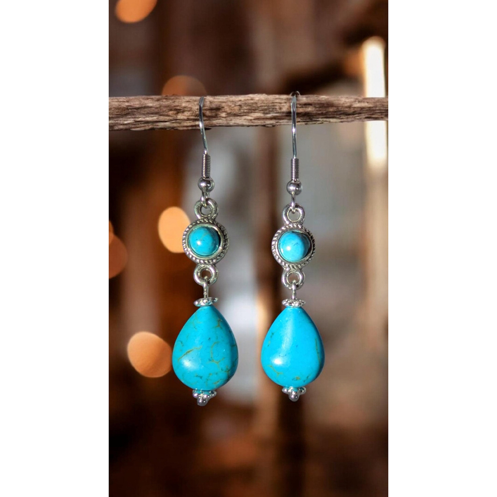 Boho Faux Turquoise Dangle Earrings Silver Tone Drop Earrings